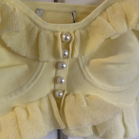 NEW SANDRO Ruffled Bandeau Top Pastel Yellow Pearl Detail | size 1 / S - Picture 9 of 10